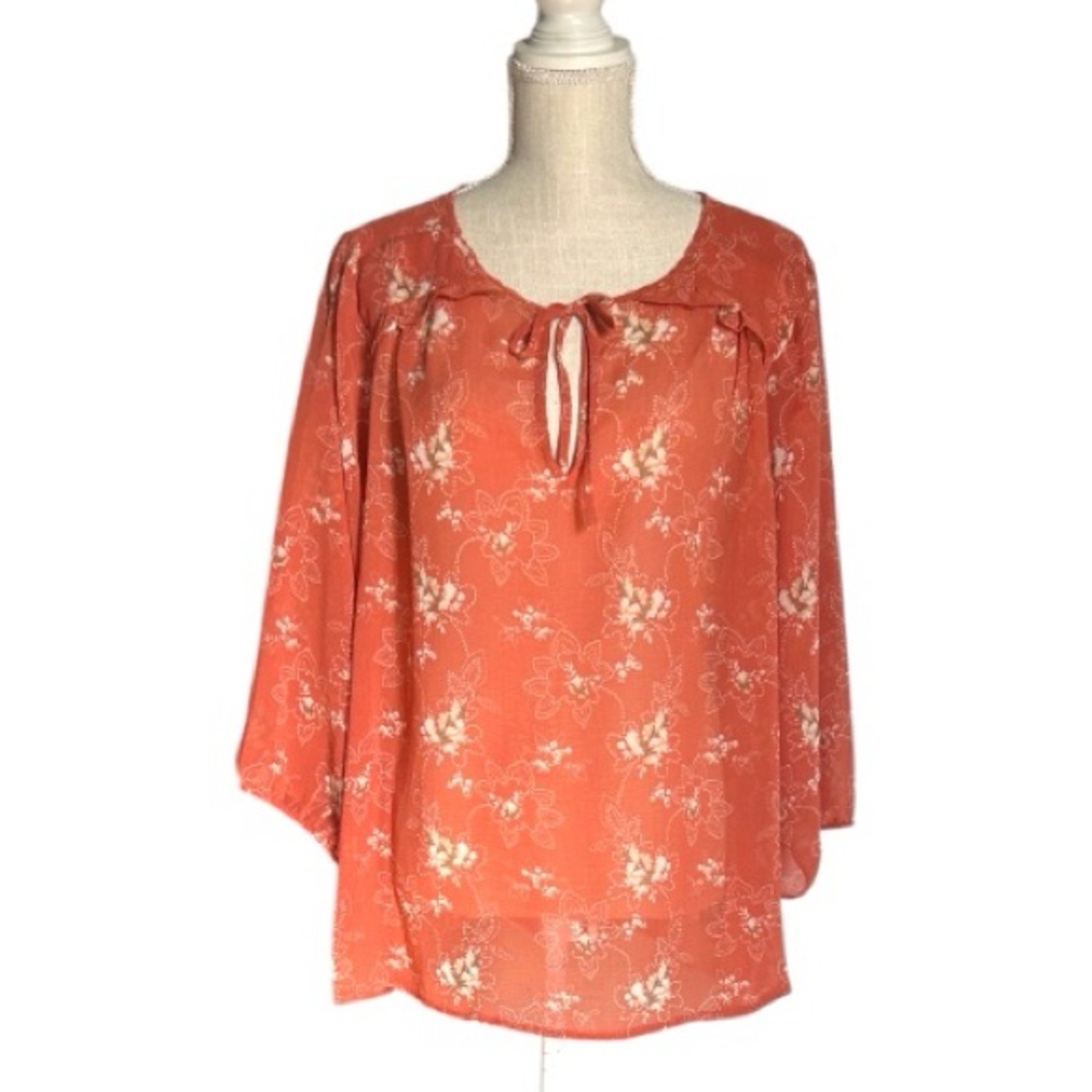 Torrid Terracotta Floral Crinkle Chiffon 3/4 Sleeve Blouse with Tie-Neck 1X New